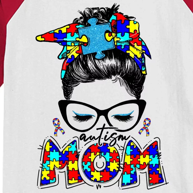 Autism Mom Puzzle Pieces Messy Bun Kids Colorblock Raglan Jersey