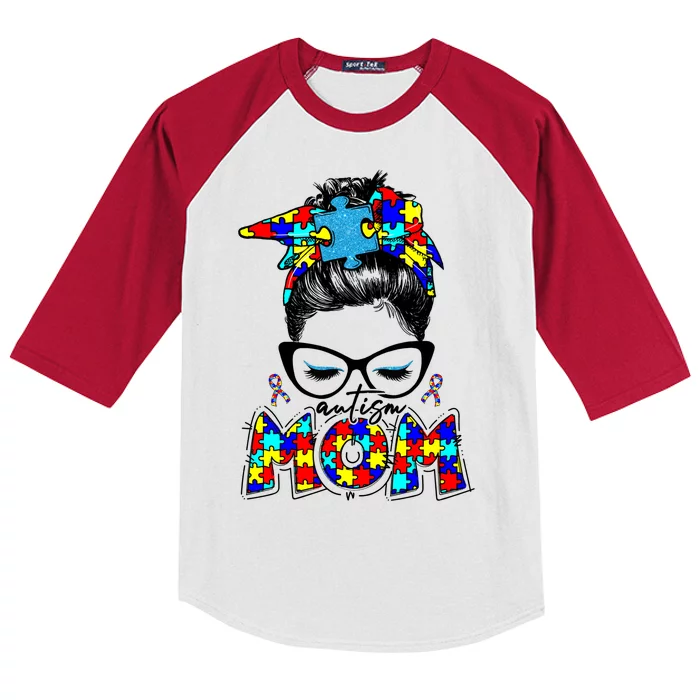 Autism Mom Puzzle Pieces Messy Bun Kids Colorblock Raglan Jersey