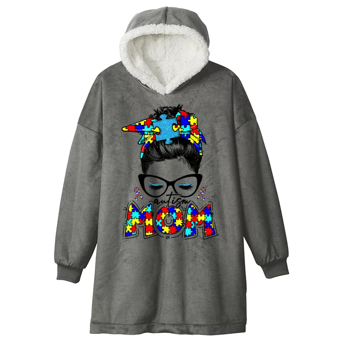 Autism Mom Puzzle Pieces Messy Bun Hooded Wearable Blanket