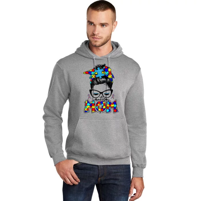 Autism Mom Puzzle Pieces Messy Bun Tall Hoodie