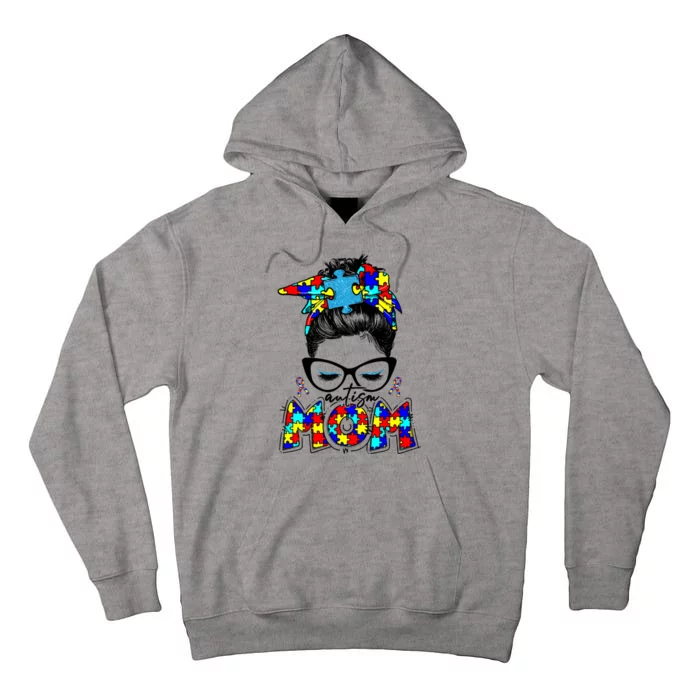 Autism Mom Puzzle Pieces Messy Bun Tall Hoodie