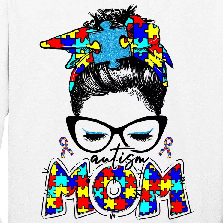 Autism Mom Puzzle Pieces Messy Bun Long Sleeve Shirt