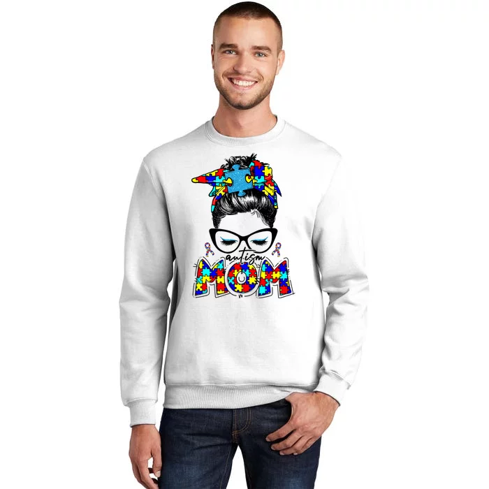 Autism Mom Puzzle Pieces Messy Bun Sweatshirt