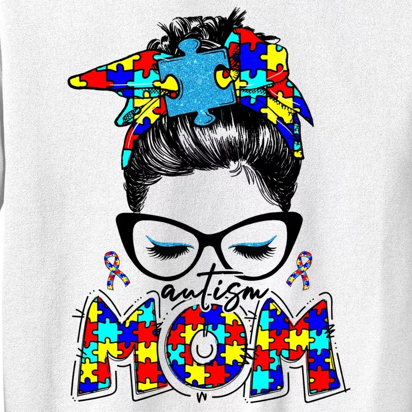 Autism Mom Puzzle Pieces Messy Bun Sweatshirt