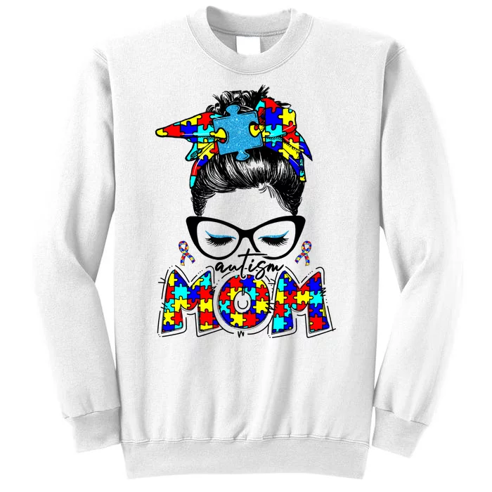 Autism Mom Puzzle Pieces Messy Bun Sweatshirt