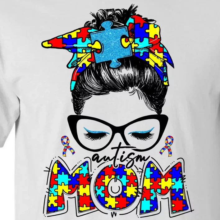 Autism Mom Puzzle Pieces Messy Bun Tall T-Shirt