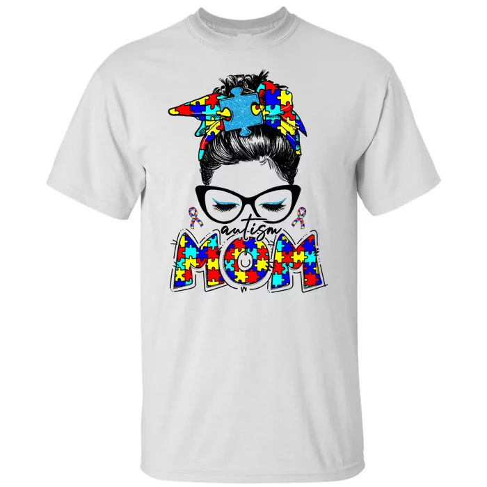 Autism Mom Puzzle Pieces Messy Bun Tall T-Shirt