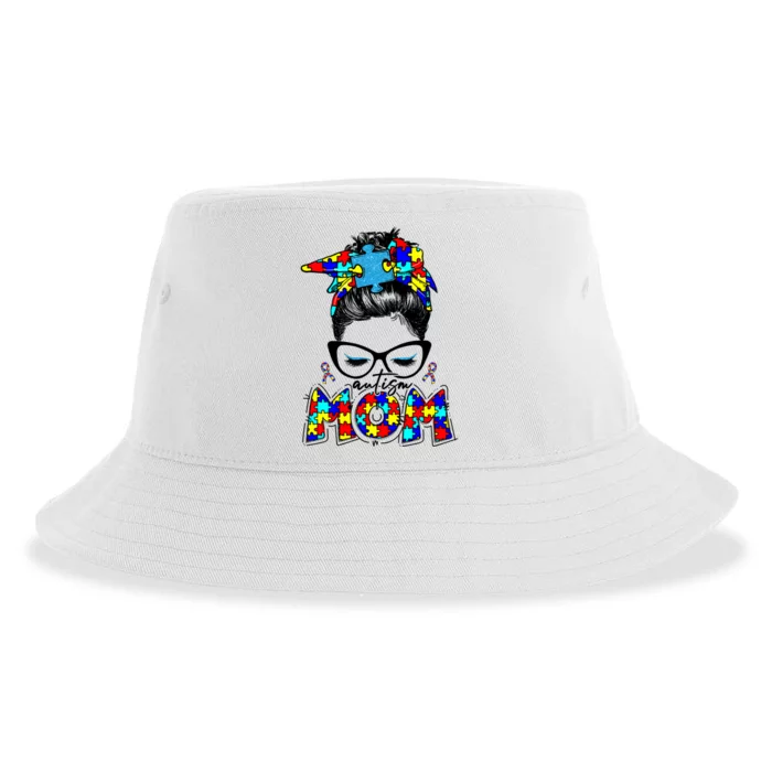 Autism Mom Puzzle Pieces Messy Bun Sustainable Bucket Hat