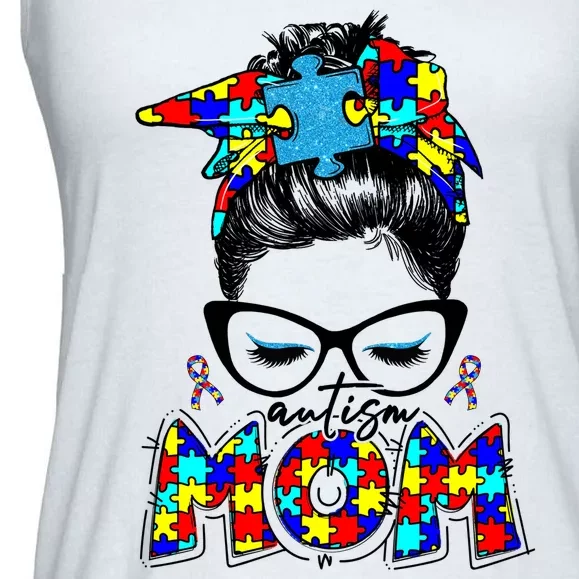 Autism Mom Puzzle Pieces Messy Bun Ladies Essential Flowy Tank