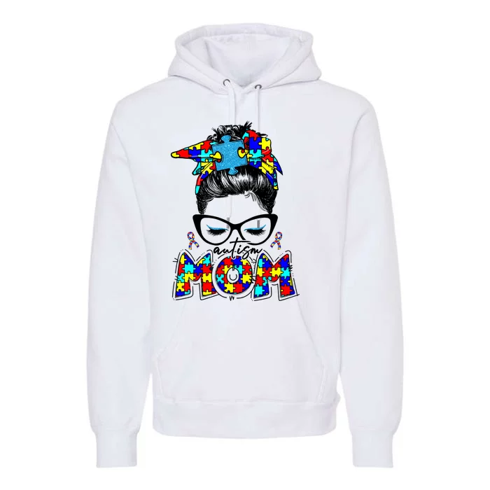 Autism Mom Puzzle Pieces Messy Bun Premium Hoodie