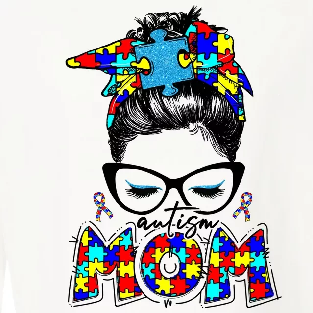 Autism Mom Puzzle Pieces Messy Bun Cropped Pullover Crew