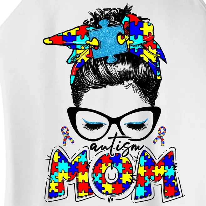 Autism Mom Puzzle Pieces Messy Bun Women’s Perfect Tri Rocker Tank