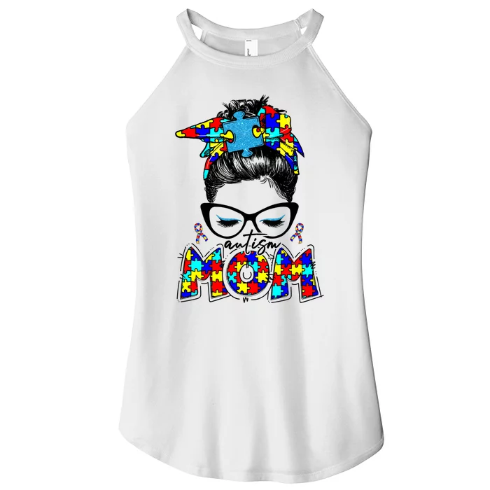 Autism Mom Puzzle Pieces Messy Bun Women’s Perfect Tri Rocker Tank