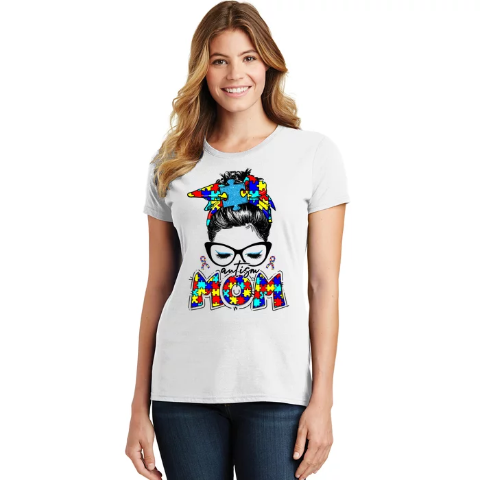 Autism Mom Puzzle Pieces Messy Bun Women's T-Shirt