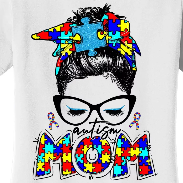 Autism Mom Puzzle Pieces Messy Bun Women's T-Shirt