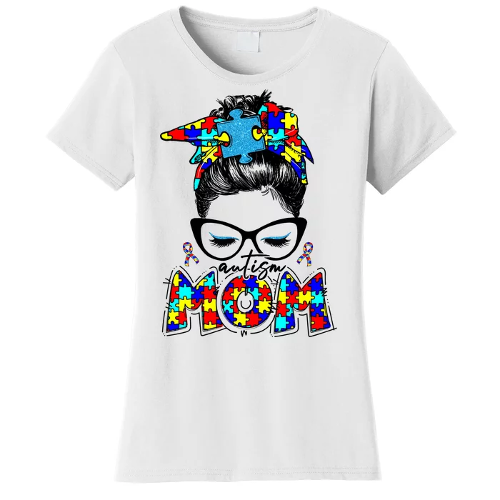 Autism Mom Puzzle Pieces Messy Bun Women's T-Shirt