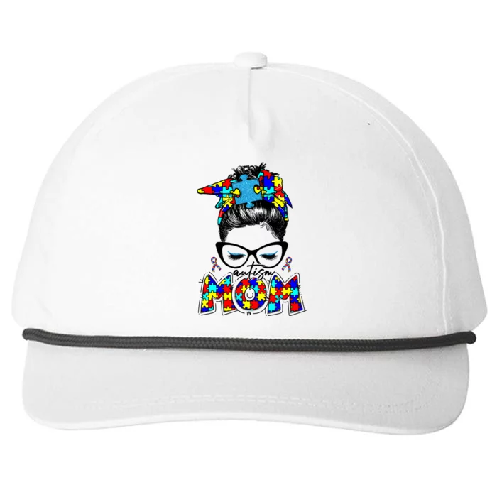 Autism Mom Puzzle Pieces Messy Bun Snapback Five-Panel Rope Hat