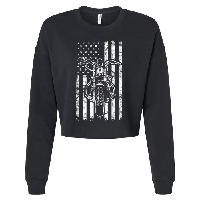 American Motorcycle Patriotic US Flag Cool Biker Cropped Pullover Crew