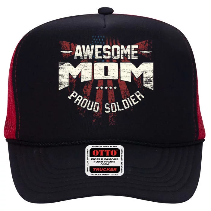 Awesome Mom Proud Soldier Retro America Flag Veterans Day Gift High Crown Mesh Trucker Hat