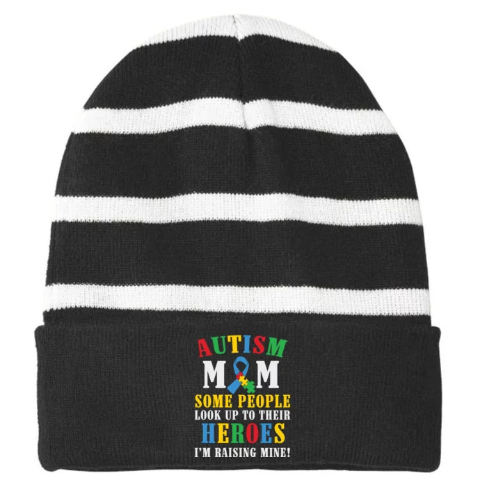 Autism Mom Puzzle Ribbon Son Mother's Day Autism Awareness Striped Beanie with Solid Band