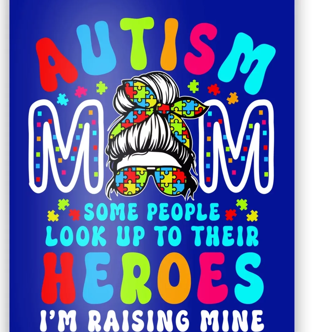 Autism Mom Raising Hero Groovy Messy Bun Autism Awareness Gift Poster