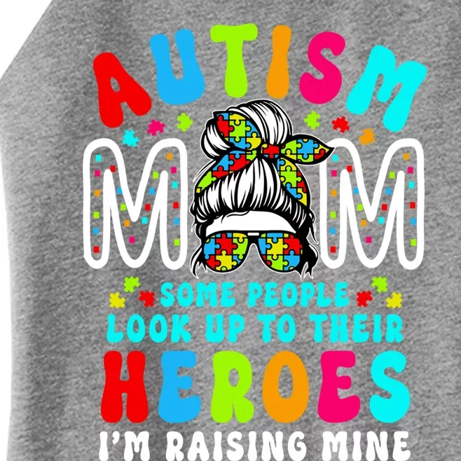 Autism Mom Raising Hero Groovy Messy Bun Autism Awareness Gift Women’s Perfect Tri Rocker Tank