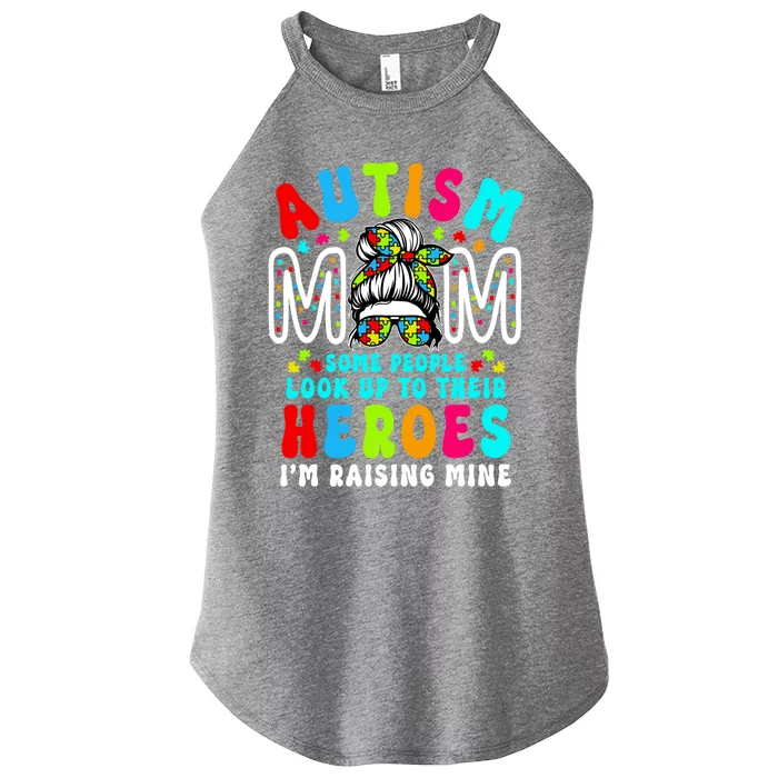 Autism Mom Raising Hero Groovy Messy Bun Autism Awareness Gift Women’s Perfect Tri Rocker Tank