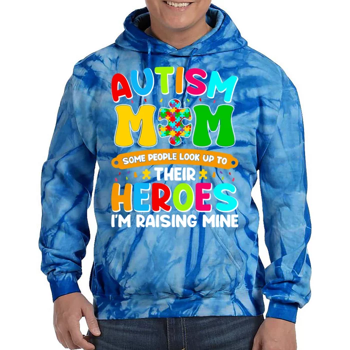 Autism Mom Raising Hero Puzzle Piece Autism Awareness Gift Tie Dye Hoodie