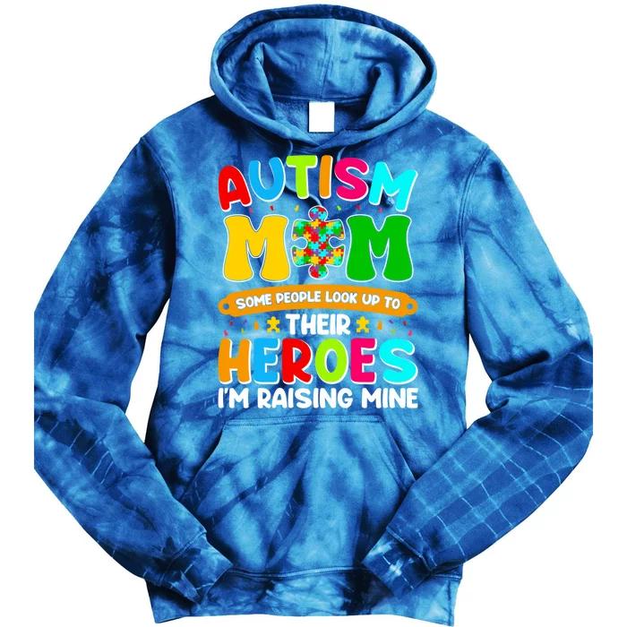 Autism Mom Raising Hero Puzzle Piece Autism Awareness Gift Tie Dye Hoodie