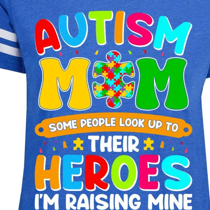 Autism Mom Raising Hero Puzzle Piece Autism Awareness Gift Enza Ladies Jersey Football T-Shirt