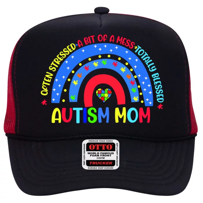 Autism Mom Rainbow Totally Blessed Awareness Love Puzzle High Crown Mesh Trucker Hat