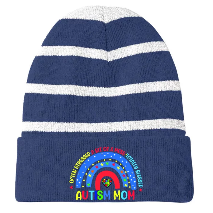 Autism Mom Rainbow Totally Blessed Awareness Love Puzzle Striped Beanie with Solid Band