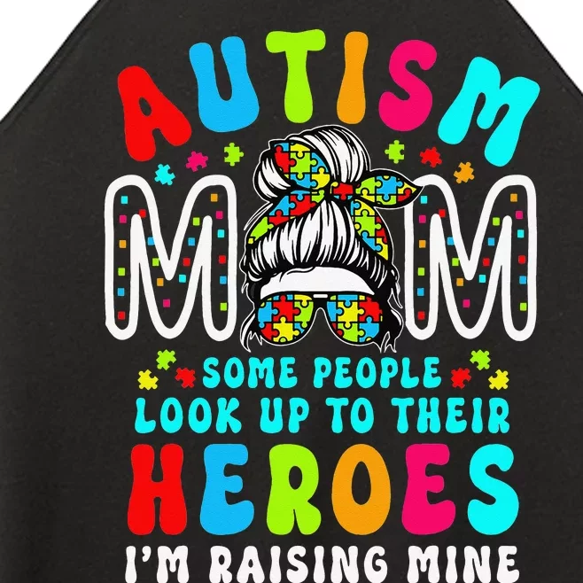 Autism Mom Raising Hero Groovy Messy Bun Autism Awareness Women’s Perfect Tri Rocker Tank