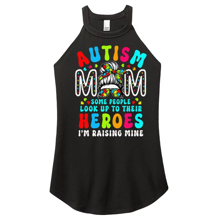 Autism Mom Raising Hero Groovy Messy Bun Autism Awareness Women’s Perfect Tri Rocker Tank