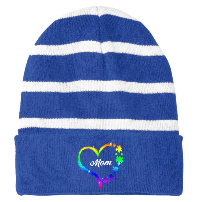 Autism Mom Rainbow Heart Striped Beanie with Solid Band