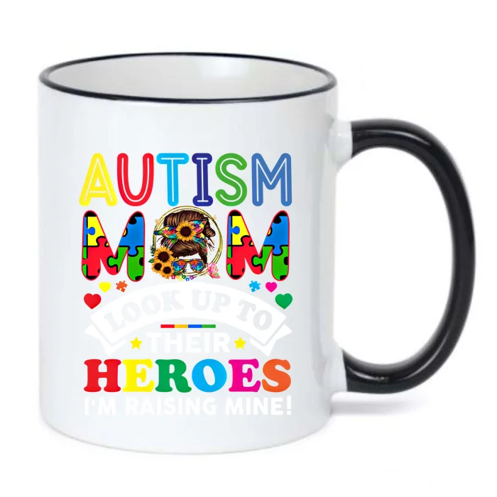 Autism Mom Raising Hero Groovy Messy Bun Autism Awareness Gift Black Color Changing Mug