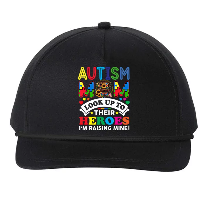 Autism Mom Raising Hero Groovy Messy Bun Autism Awareness Gift Snapback Five-Panel Rope Hat