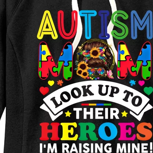 Autism Mom Raising Hero Groovy Messy Bun Autism Awareness Gift Women's Fleece Hoodie