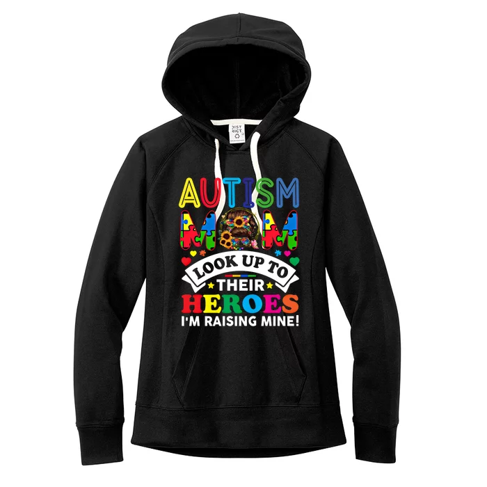 Autism Mom Raising Hero Groovy Messy Bun Autism Awareness Gift Women's Fleece Hoodie