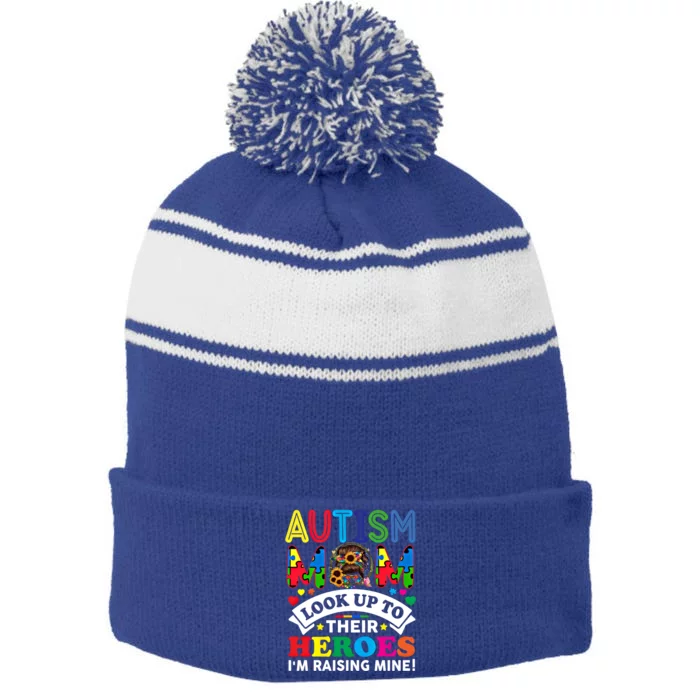 Autism Mom Raising Hero Groovy Messy Bun Autism Awareness Gift Stripe Pom Pom Beanie