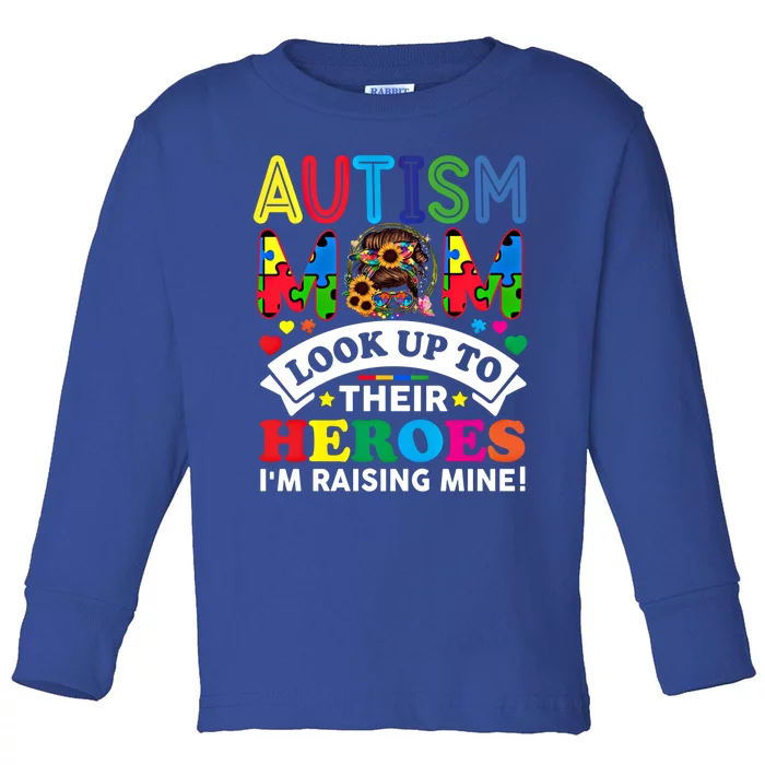 Autism Mom Raising Hero Groovy Messy Bun Autism Awareness Gift Toddler Long Sleeve Shirt