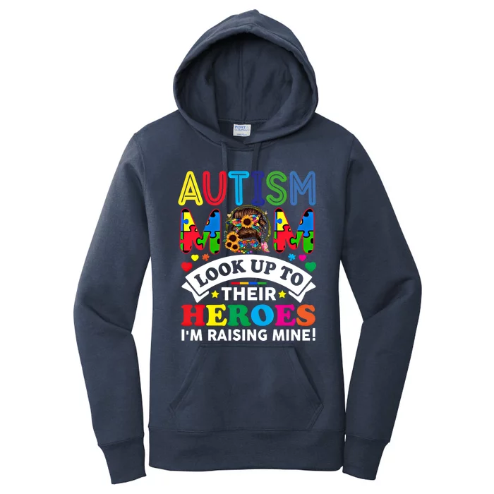 Autism Mom Raising Hero Groovy Messy Bun Autism Awareness Gift Women's Pullover Hoodie