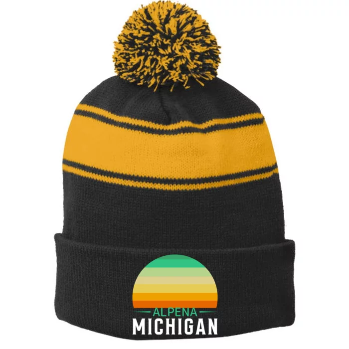 Alpena Michigan Retro Sunset Stripe Pom Pom Beanie