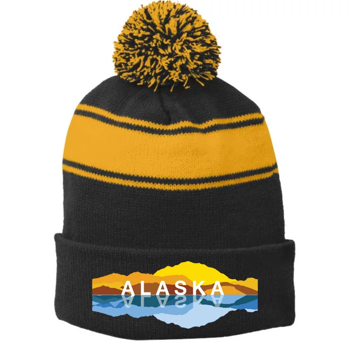 Alaska Mountain Reflections Denali Mountain Souvenir Stripe Pom Pom Beanie