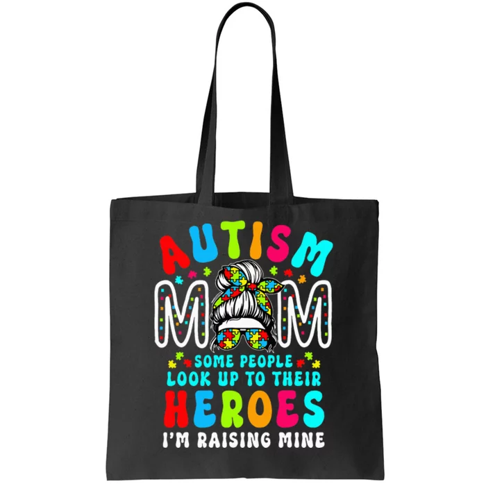 Autism Mom Raising Hero Groovy Messy Bun Autism Awareness Tote Bag