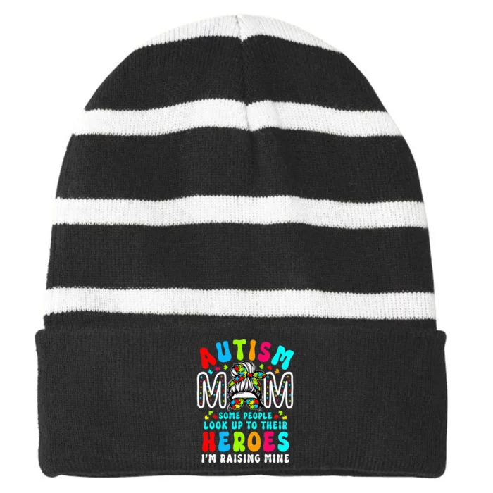 Autism Mom Raising Hero Groovy Messy Bun Autism Awareness Striped Beanie with Solid Band