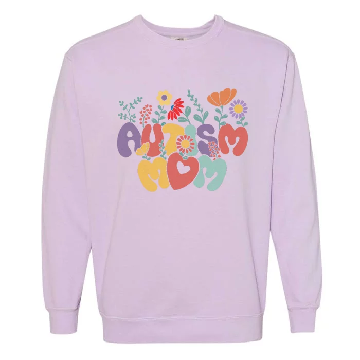 Autism Mom Retro Vintage Groovy Autism Awareness Women Gift Garment-Dyed Sweatshirt