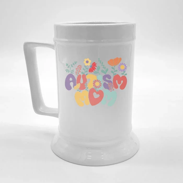 Autism Mom Retro Vintage Groovy Autism Awareness Women Gift Front & Back Beer Stein