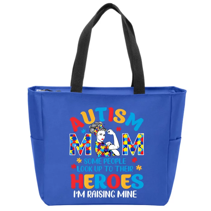 Autism Mom Raising Hero Unbreakable Mother Autism Awareness Gift Zip Tote Bag