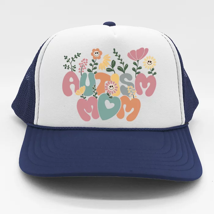 Autism Mom Retro Flower Autism Awareness Supporter Autism Family Matching Trucker Hat